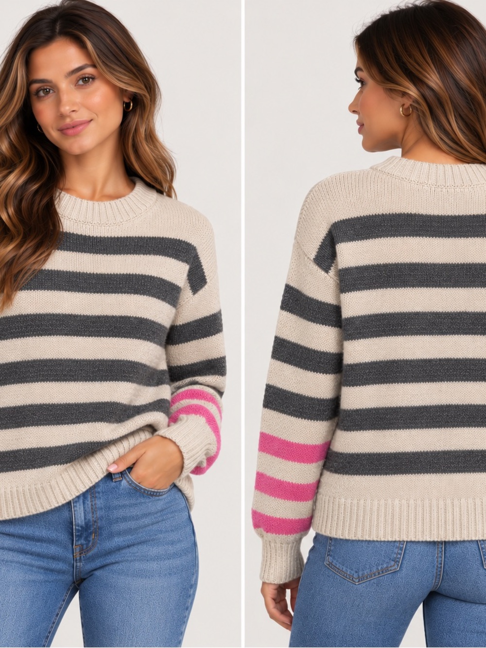 French Connection Striped Crewneck Sweater in Cream, Charcoal & Pink